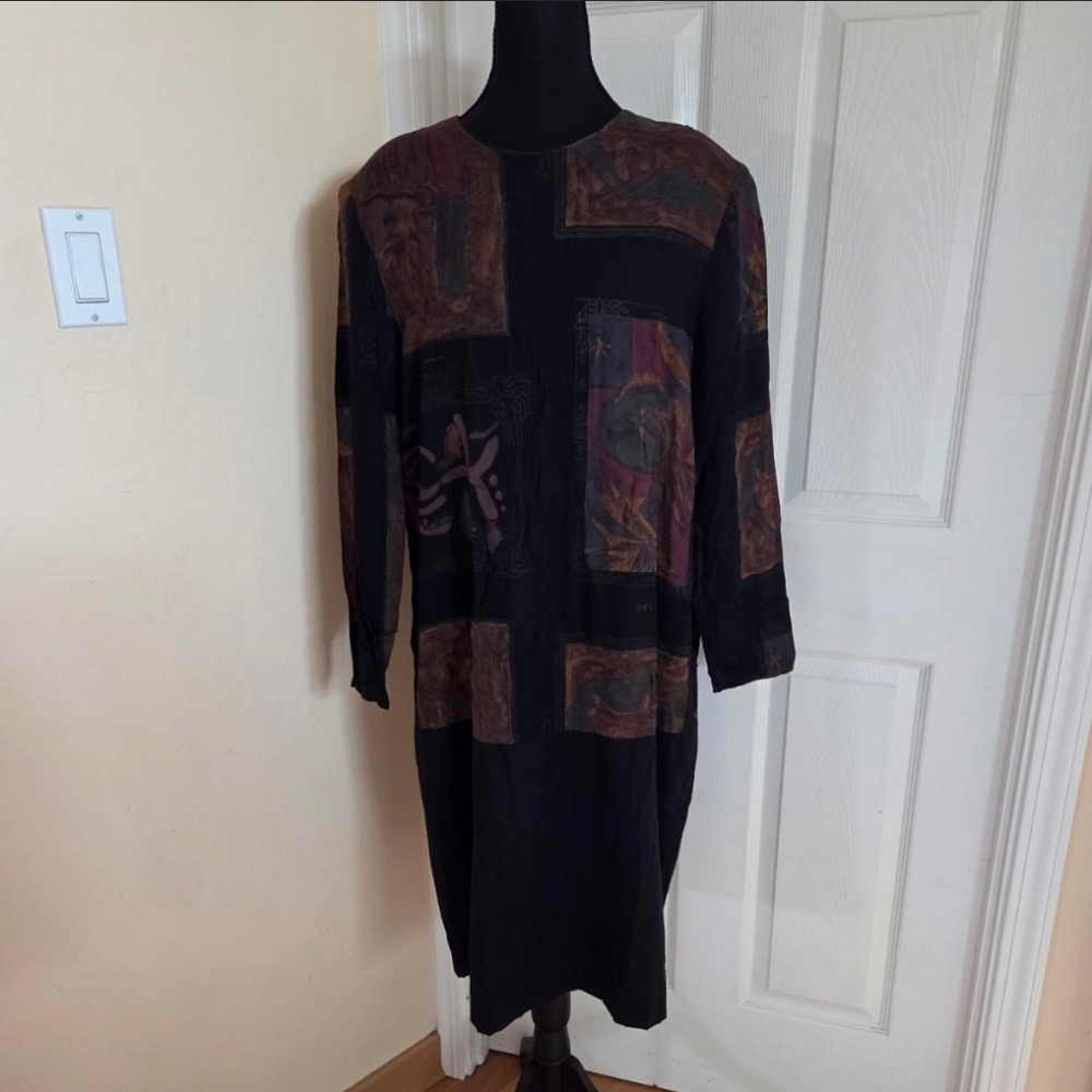 Vtg. Black & Multicolor Patchwork Whimsigoth Grunge Dress W/ Shoulder Pads 16